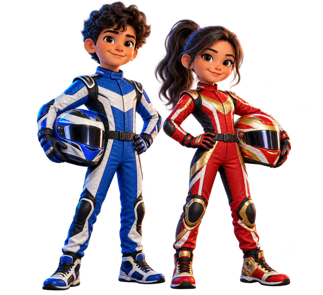 Dois jovens pilotos de corrida em animação 3D